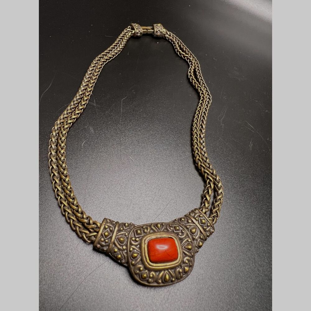 Vintage Etruscan revival aged brass red jasper necklace tribal choler statement